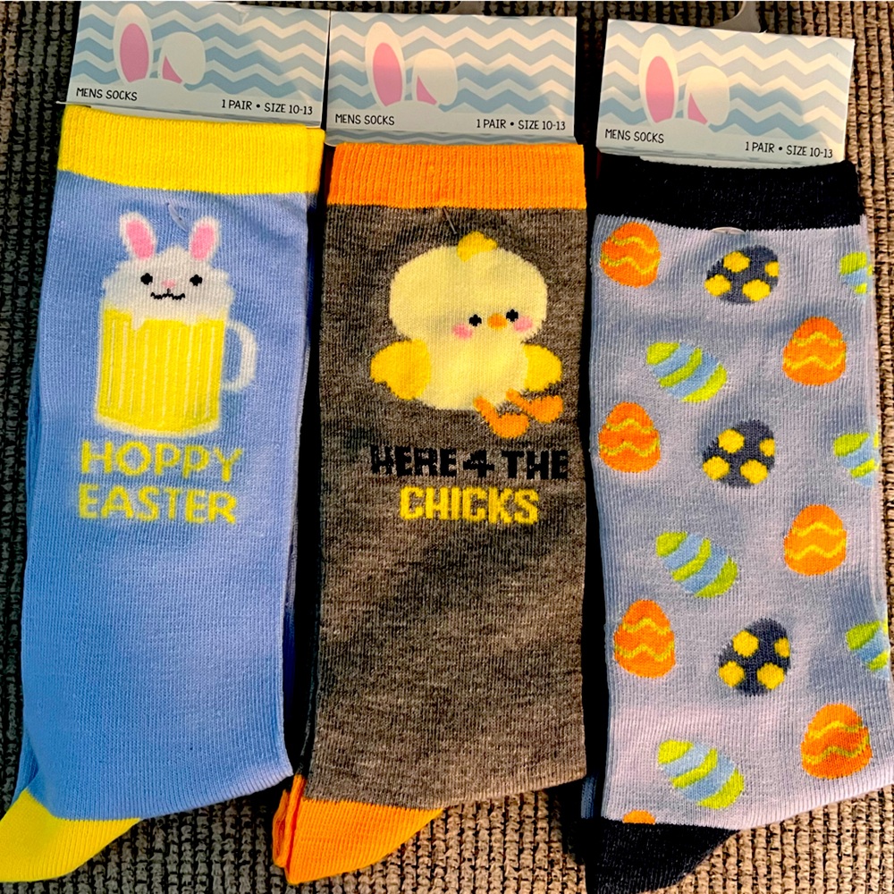 Spring & Easter Socks 3 pair Mens Blue Orange Gray Yellow Beer Bunny Chick Eggs